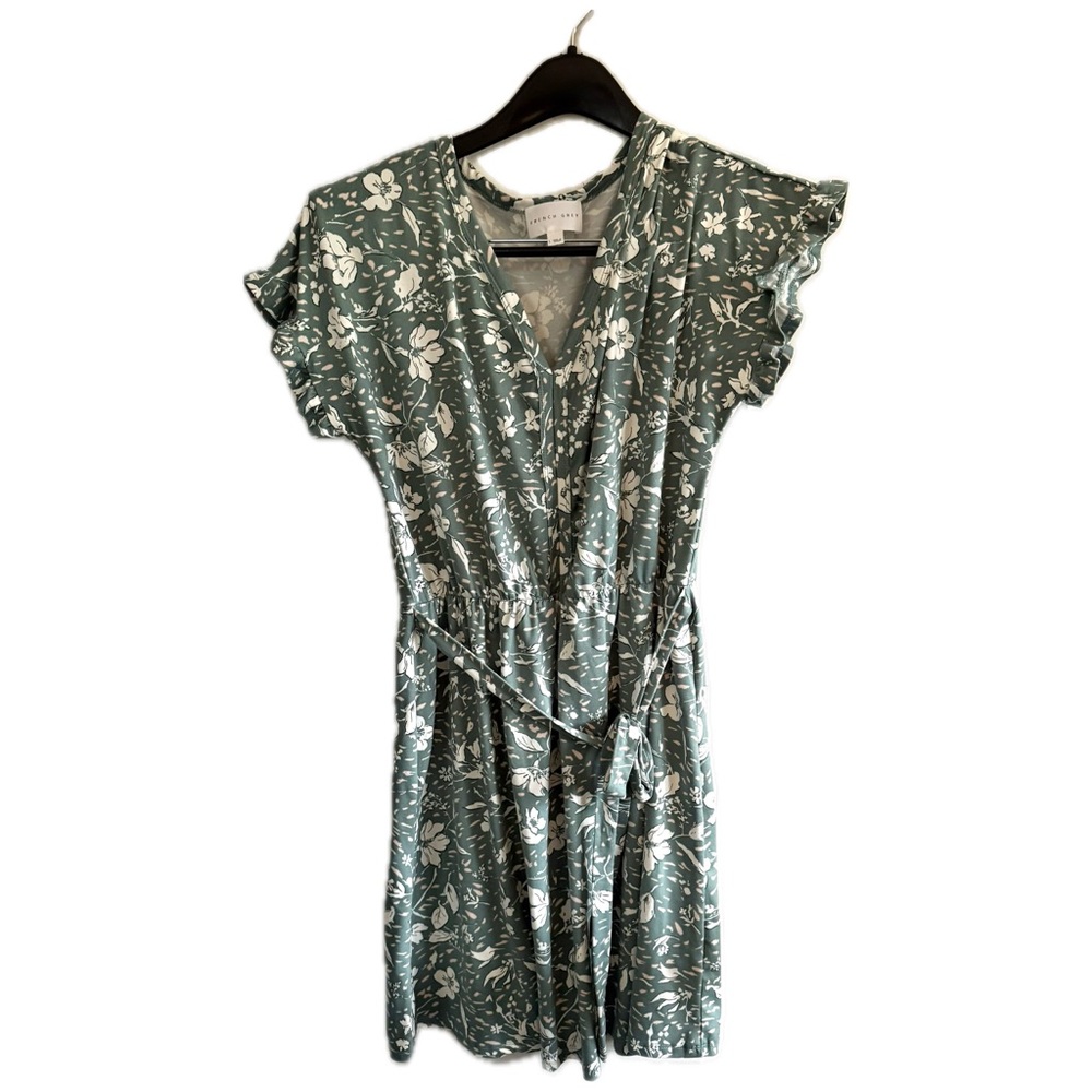 French Grey Green and White V-Neck Flutter Sleeve Mini Dress